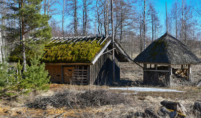 Traditional sheds in the countryside in Finland in spring