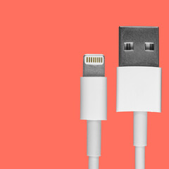 Data usb lightning cable lugs for a smartphone on a red background, a mockup of an advertising cover for a product for an online store