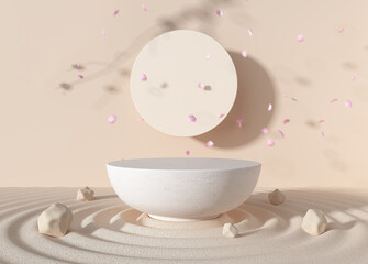 Zen product display podium advertisement japan petals sakura shadow float circle wall background white stone table ripple garden rock beige cream. platform cosmetics or skin care. 3D Illustration. © chawalit