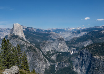 Half Dome, Vernal Falls and Nevada Falls from Glacier Point, in Yosemite National Park, near Merced, California.