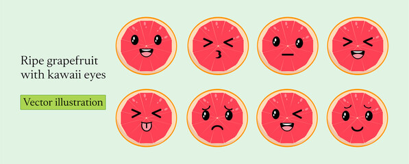 Set ripe grapefruit with kawaii eyes. Flat design vector illustration of ripe grapefruit on green background