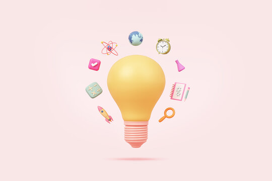 creative ideas light bulb work or study online learning education internet for school timetable science technology imagination with pencil clock rocket pastel object. clipping path. 3D Illustration.
