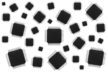 Macro shot microchip isolated on white background. Computer hardware technology. Integrated communication processor pattern. Information engineering. Semiconductor.