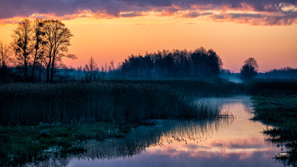 Fototapeta na wymiar Sunrise over the wetlands. The Lasica Canal, Kampinos National Park, Poland.
