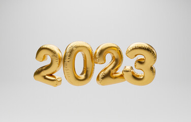 2023 golden balloon on white background for for preparation happy new year , merry Christmas and start new business concept by realistic 3d render.