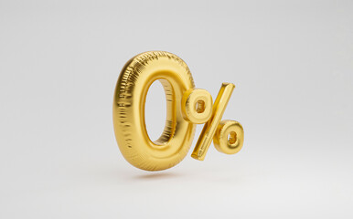 Golden zero percentage or 0% balloon for special offer of shopping department store discount and banking interest rate concept by realistic 3d render. - obrazy, fototapety, plakaty