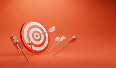 Target board with arrow on the red background and copy space for challenge setup Business achievement goal and objective target concept by 3d render.