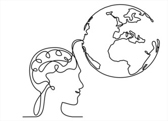 Peace brain concept. Continuous one line drawing of human head with globe inside. Think world.