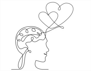 Continuous one line drawing of human head with a hearts. Vector illustration