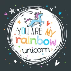  Motivational childish poster with hand drawn lettering "You are my rainbow unicorn". Greeting card, inspirational banner, apparel design, print. Background with positive quote. Circle composition © Mariia