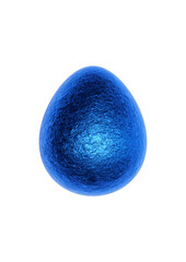 Chocolate easter egg with shiny blue foil on white background. Close-up & centred.	
