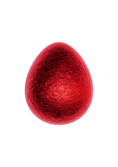 Chocolate easter egg with shiny red foil on white background. Close-up & centred.	