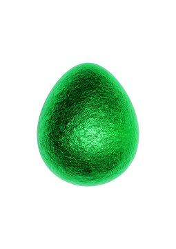 Chocolate Easter Egg With Shiny Green Foil On White Background. Close-up & Centred.	