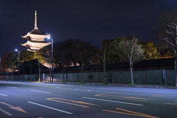Night View,  Five-story pagoda of Toji Temple and Sakura, Cherry Blossom in Kyoto, Japan - 日本...