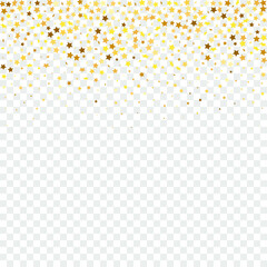 Star Sequin Confetti on Black Background. Christmas Party Frame. Vector Gold Glitter. Falling Particles on Floor. Isolated Flat Birthday Card. Golden Stars Banner. Voucher Gift Card Template.