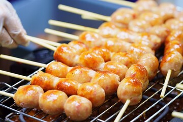 Close up of sausage grilled Thai traditional style, Sai krok isan, pork and rice, thai street food market - obrazy, fototapety, plakaty