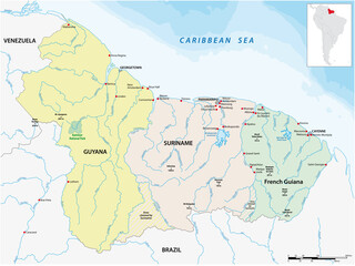 Map of the states of Guyana, Suriname and the French department of French Guiana