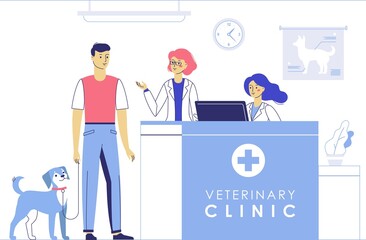 Veterinary concept with animal patient and doctor in reception vet clinic.