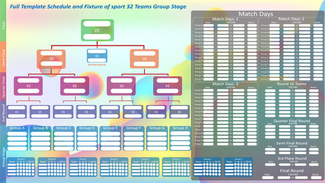 Sport fixture and result template for final round 32 teams group stage competition and match day schedule plan with colorful background. Vector EPS10