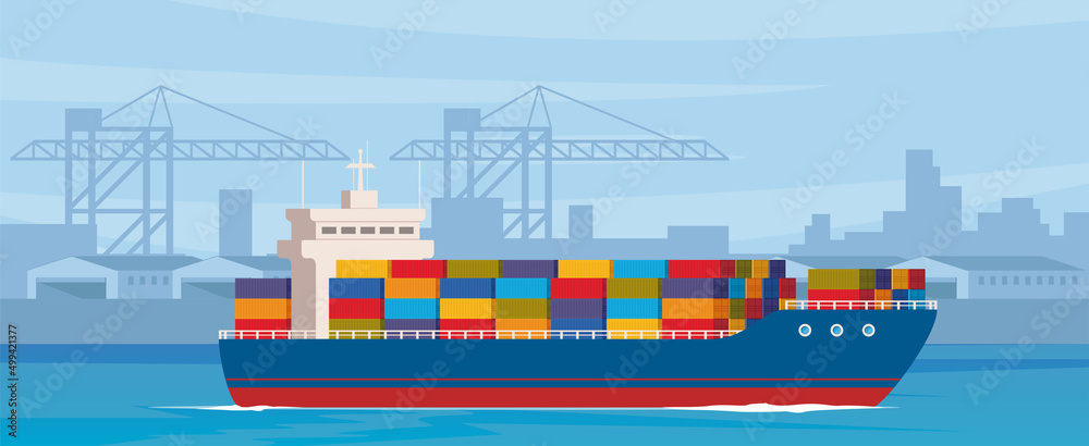 Wall mural Cargo ship leaves port after loading. Cargo ship with containers in the ocean. Seaport with cranes and warehouses. Cargo logistics. International cargo transportation and trade. Vector illustration.