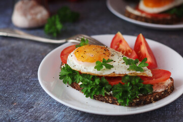 Sandwiches with fried eggs and tomatoes