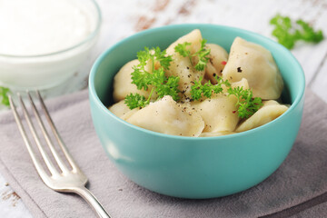 Russian national dish pelmeni served in a plate