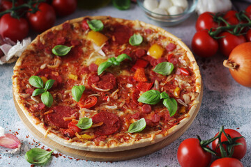 Pizza with salami and basil	