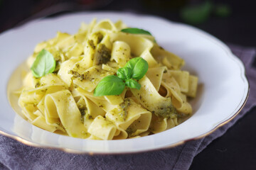 Tagliatelle pasta with pesto sauce	