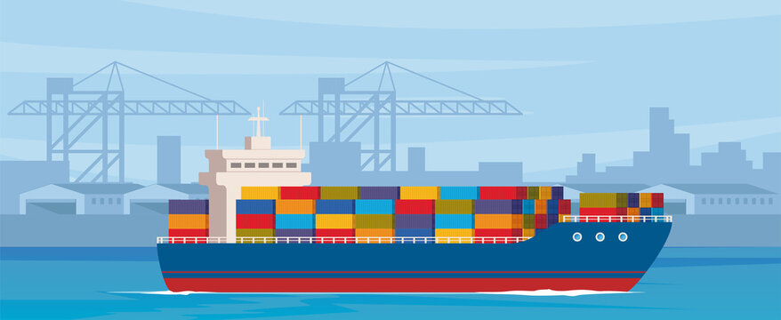 Cargo ship leaves port after loading. Cargo ship with containers in the ocean. Seaport with cranes and warehouses. Cargo logistics. International cargo transportation and trade. Vector illustration.