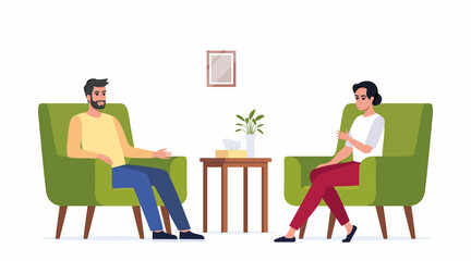 Female psychotherapist has an Individual session with her patient. Man sits on the chair and tells something to his counselor. Talk therapy concept. Vector illustration.