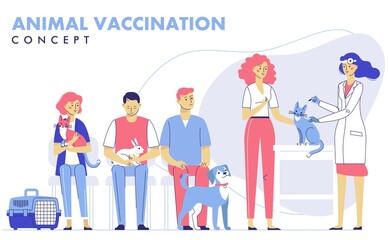 Veterinary vaccination concept with animals and doctor in vet clinic for immunity health.