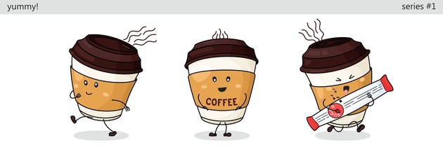Paper cup with coffee. Set of cute kawaii characters. Funny cartoon fast food icons in different situations. Vector comic style illustration