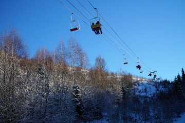 Ski lift in the Carpathian mountains. Bottom view.