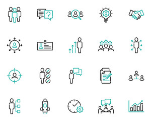 set of business people line icons, teamwork, group, meeting, member