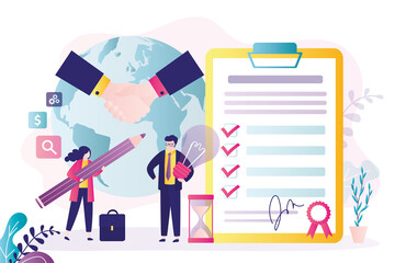 Woman investor with pencil signing contract with businessman. Successful business negotiations. Entrepreneurs shake hands in agreement. Representatives from companies at business meeting.