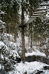 Rope adventure park in the mountains in the forest in winter