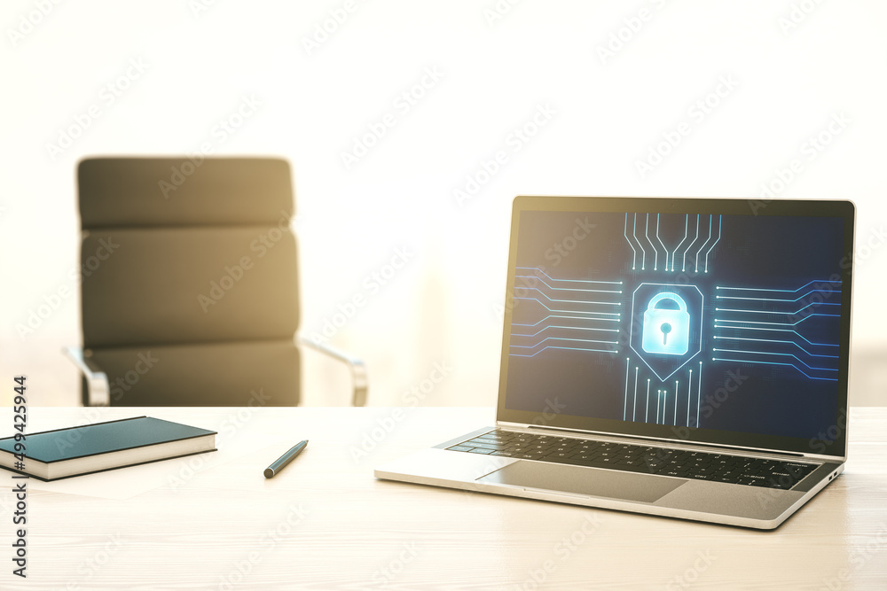 Poster Modern computer monitor with creative lock hologram and chip. Information security concept. 3D Rendering