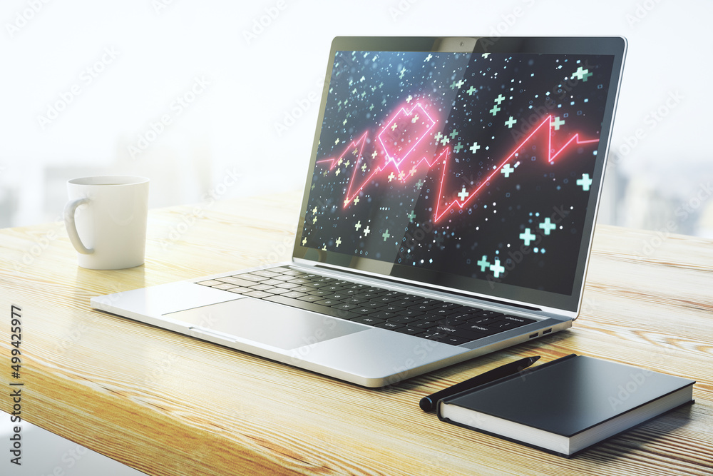 Poster Creative abstract heart pulse hologram on modern computer monitor, online medical consulting concept. 3D Rendering