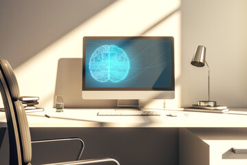 Modern computer monitor with creative artificial Intelligence symbol. Neural networks and machine learning concept. 3D Rendering