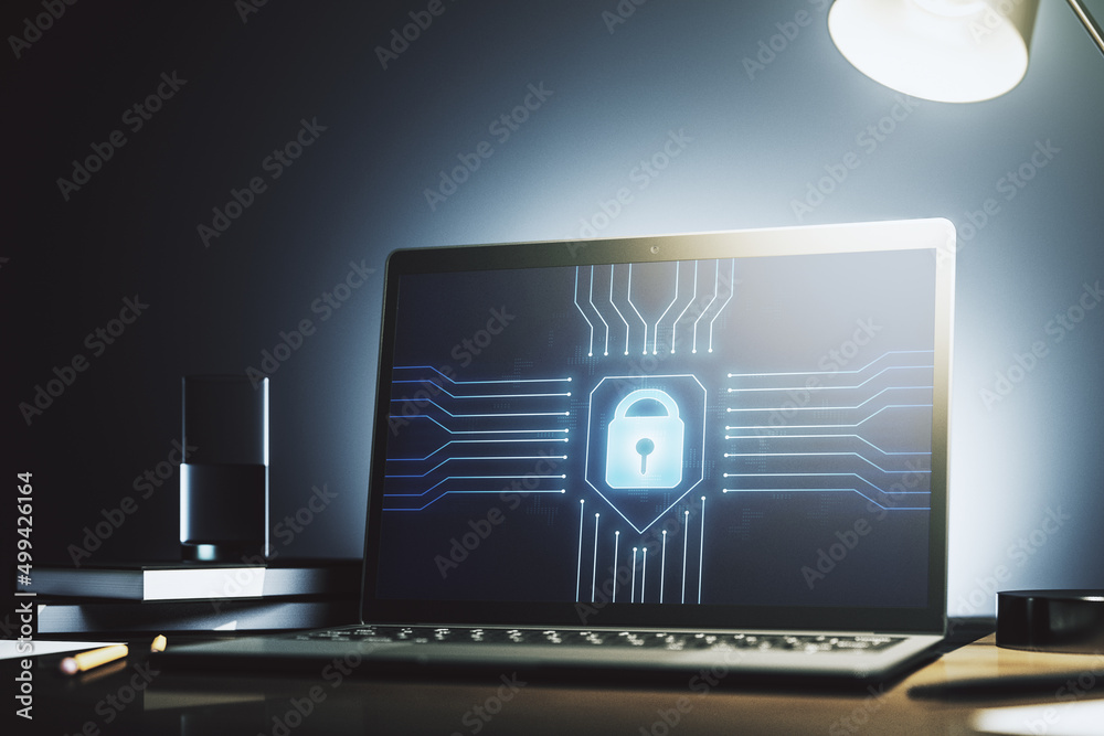Aufkleber Computer monitor with creative light lock illustration and microcircuit, cyber security concept. 3D Rendering