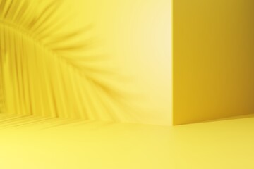 Palm leaf shadow on yellow wall abstract background. Copy space of product presentation and tropical summer concept.