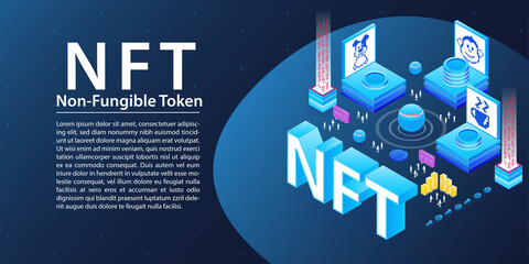 NFT Non Fungible Token vector illustration. Dark web banner background with NFT isometric icons.