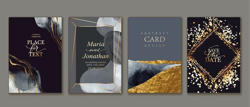 Set of elegant, chic cards with grey watercolor textures, abstract forms, golden line frames, splatters. Wedding, business  card, cover, invitation template.