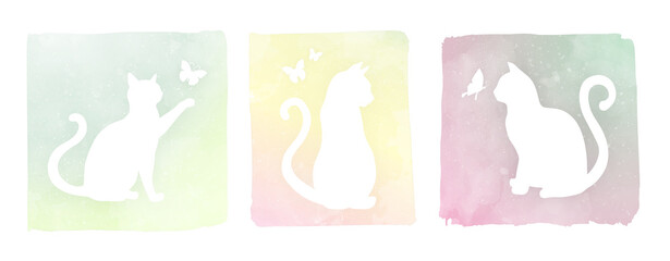 Watercolor frame cats and butterflies silhouettes vector
