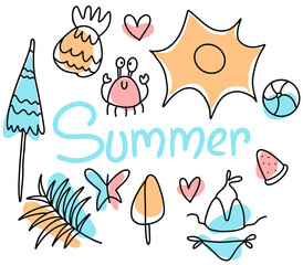 Vector Set of cute summer elements. Sun, palm tree, beach umbrella, calligraphy. Perfect for summertime poster, card, scrapbooking.
