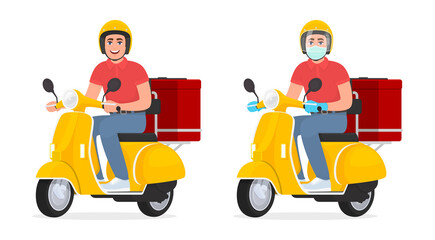 Courier or delivery man in face mask and gloves riding scooter. Young person on the moped carrying food parcel packs. Safety fast delivery service during corona virus epidemic. Vector illustration.