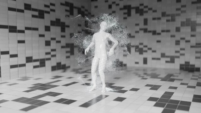 Digital art NFT concept, dancing android emitting particles. 4K animation.