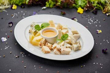 Cheese plate: Parmesan, cheddar, gouda, mozzarella and other with honey on white plate on dark background . Tasty appetizers. Top view. Photo for restaurant menu