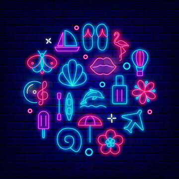 Blue Summer Neon Circle Signboard. Round Template With Icons. Season Party And Sale Concept. Vector Stock Illustration