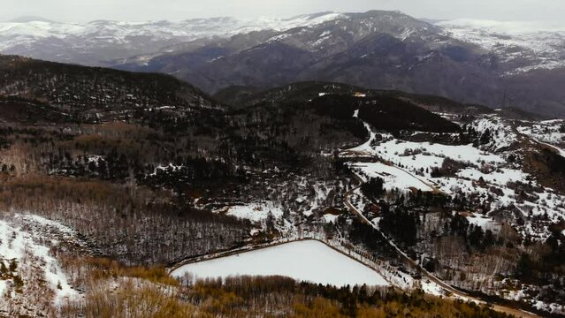 Winter landscape in Cubuk Karagol Nature Park. Snowy forests and mountains. Ankara Cubuk in Turkey. drone shooting